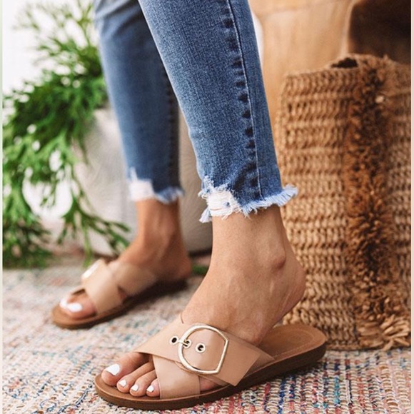 Tan Adjustable Buckle Criss Cross Sandals - Picture 3 of 11